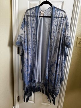Free People Nightbird burnout Sheer Fringe Kimono Cover-Up